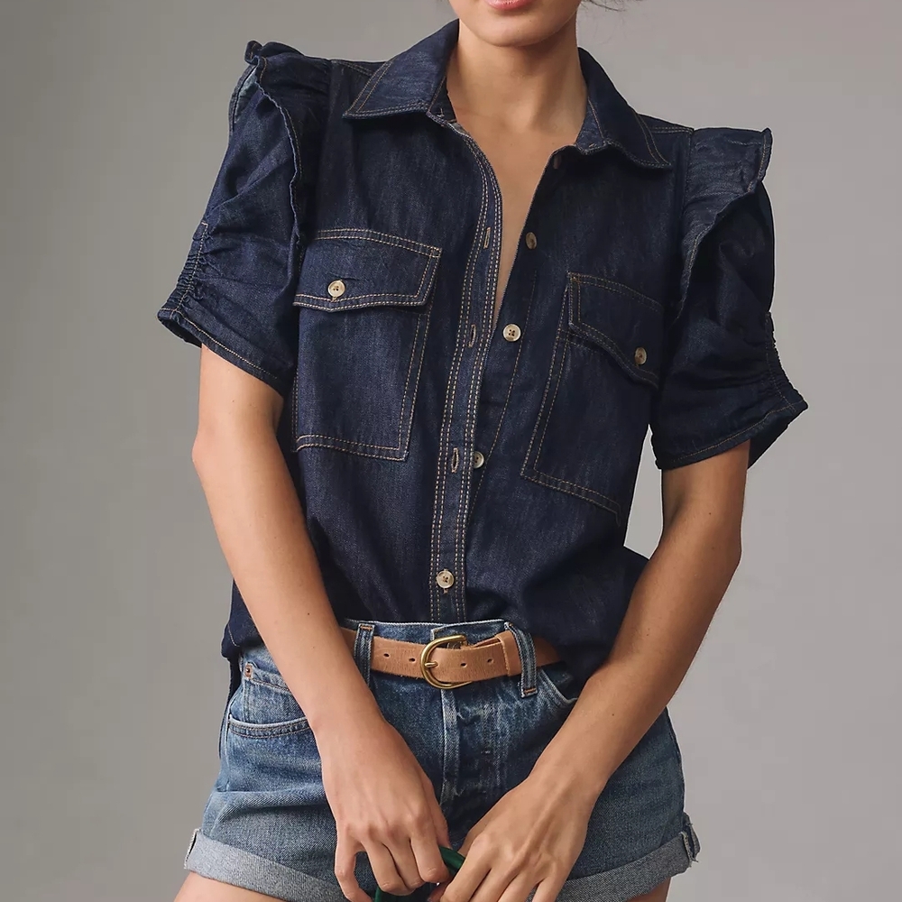 The Ozzi Ruffle-Sleeve Buttondown Shirt by Pilcro Size Small Relaxed - Picture 7 of 13